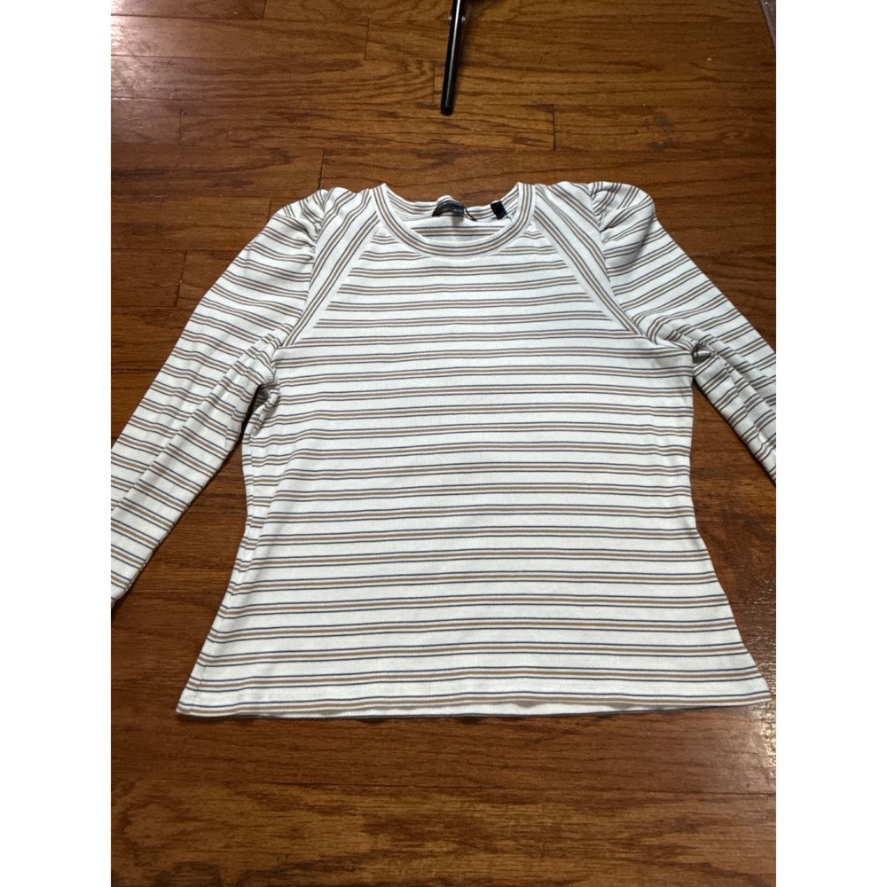Veronica Beard Striped Puff Shoulder Rib Knit Top XL Cream Blue Tan Long Sleeve